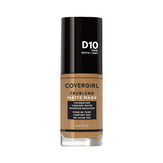 Covergirl TruBlend Matte Made foundation bottle close-up in D10 Golden Caramel for matte finish