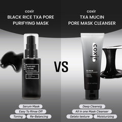 Coxir TXA Black Rice Pore Mask in a routine setup shows pore care step.