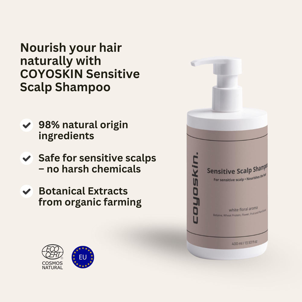 COYOSKIN Sensitive Scalp Shampoo eco-certified vegan formula for safe daily use.