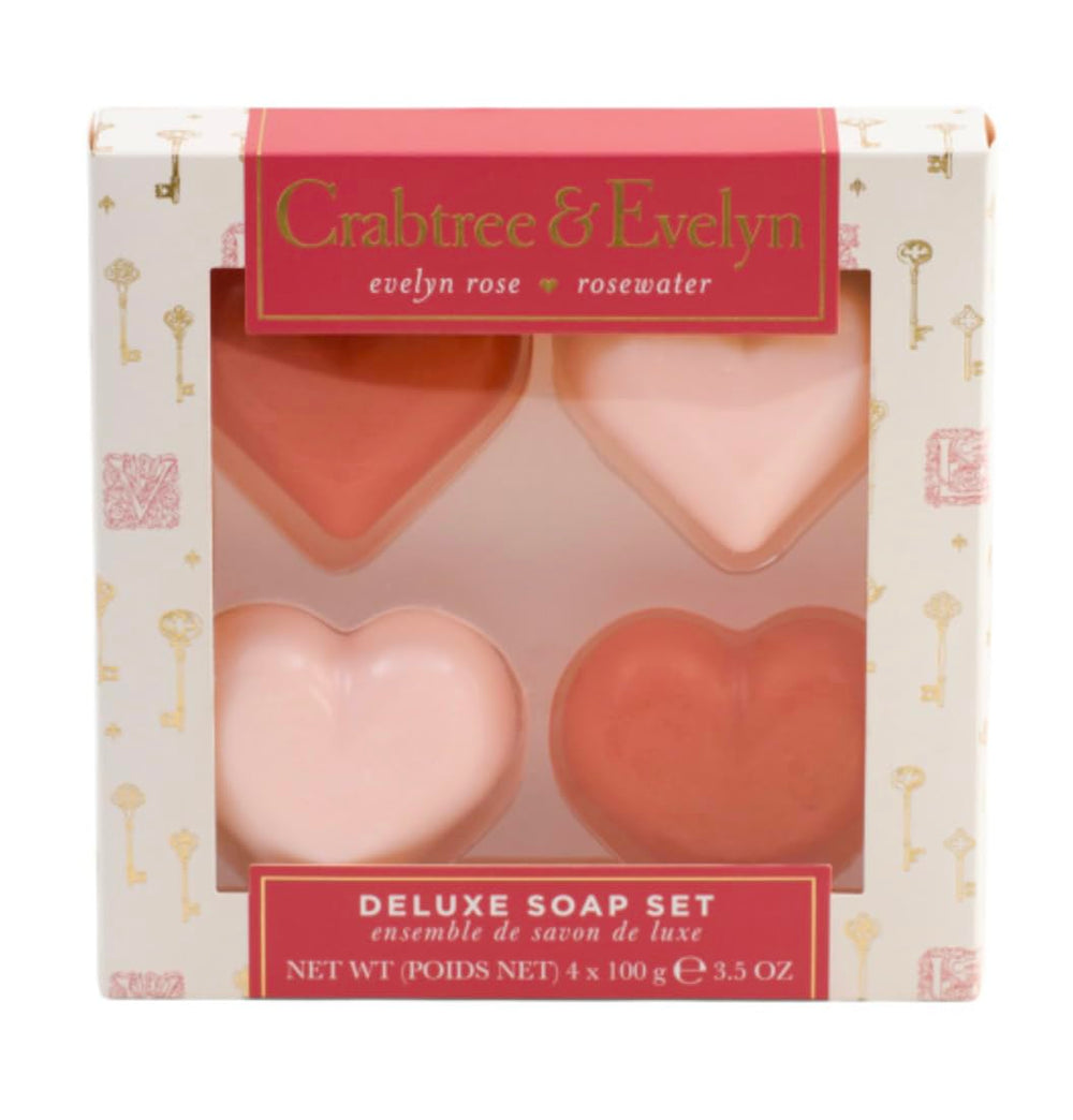 Crabtree & Evelyn Evelyn Rose heart soap set with Rosewater scent, daily cleansing and gift appeal.