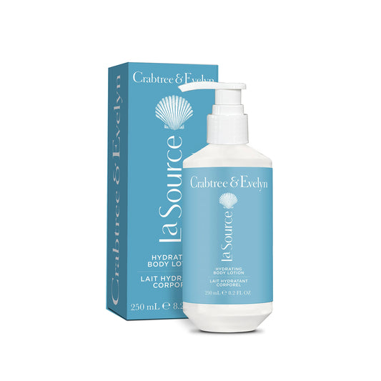 Crabtree & Evelyn La Source hydrating body lotion bottle front with refreshing scent and soft glow