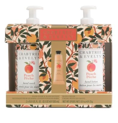 Crabtree & Evelyn Peach boxed set with hand wash, lotion, and cream for daily care.