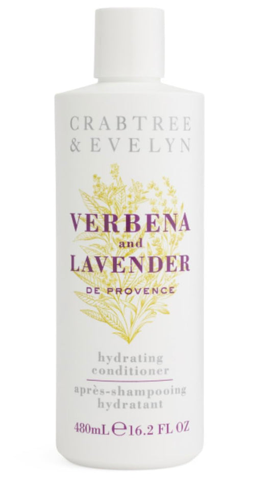Crabtree & Evelyn Verbena Lavender conditioner bottle delivers lightweight hydration for soft hair.