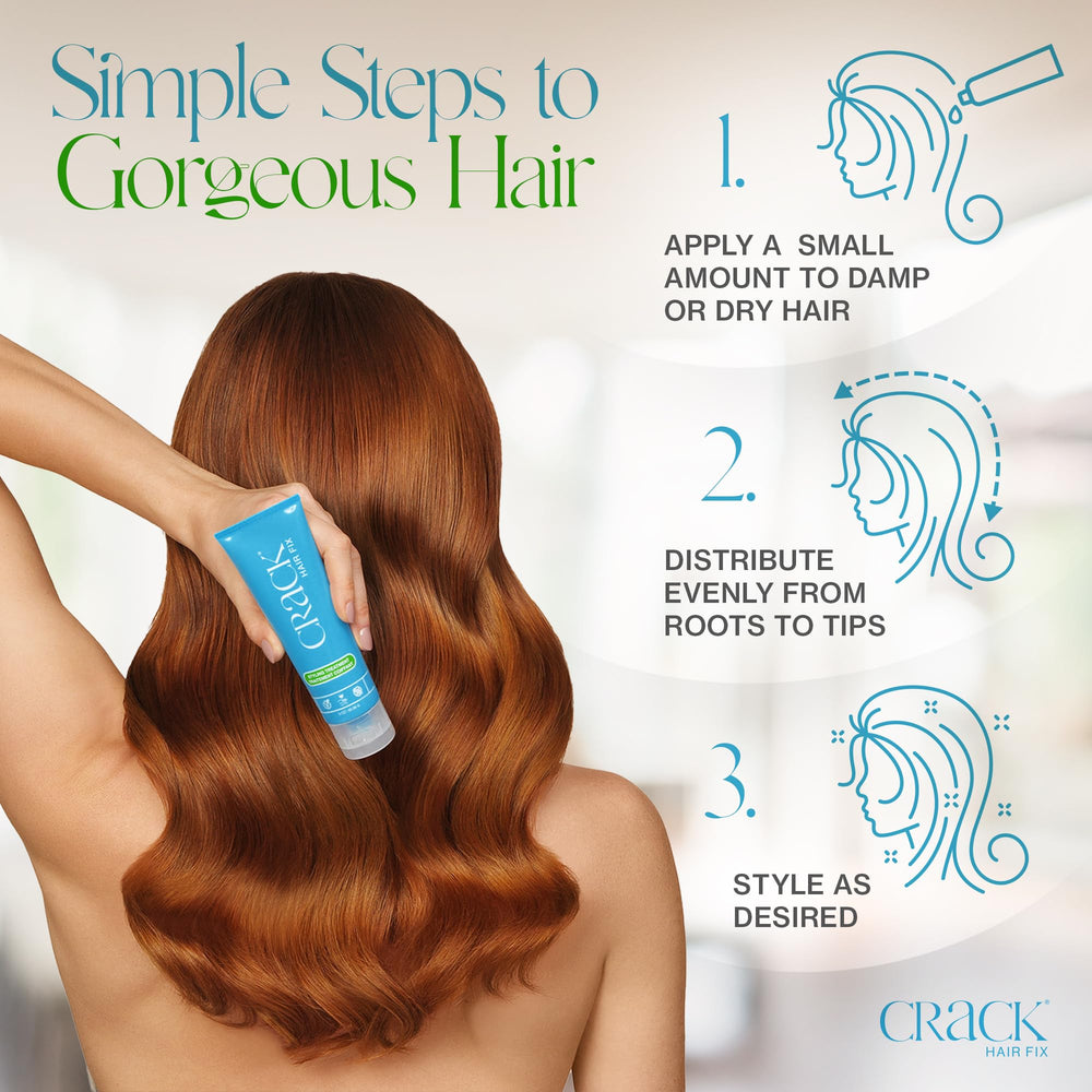 Hair after use with Crack Hair Fix shows sleek, shiny finish.