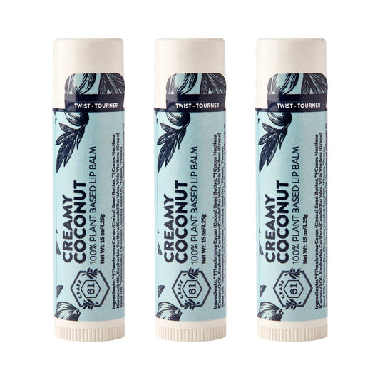 Crate 61 Lip Balm Creamy Coconut packaging front emphasizing plastic-free Plant Pod tube eco-friendly packaging