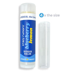 Crazy Rumors Biggie Blueberry Lemon lip balm close-up shows flavor-rich, all-natural care for everyday lips.
