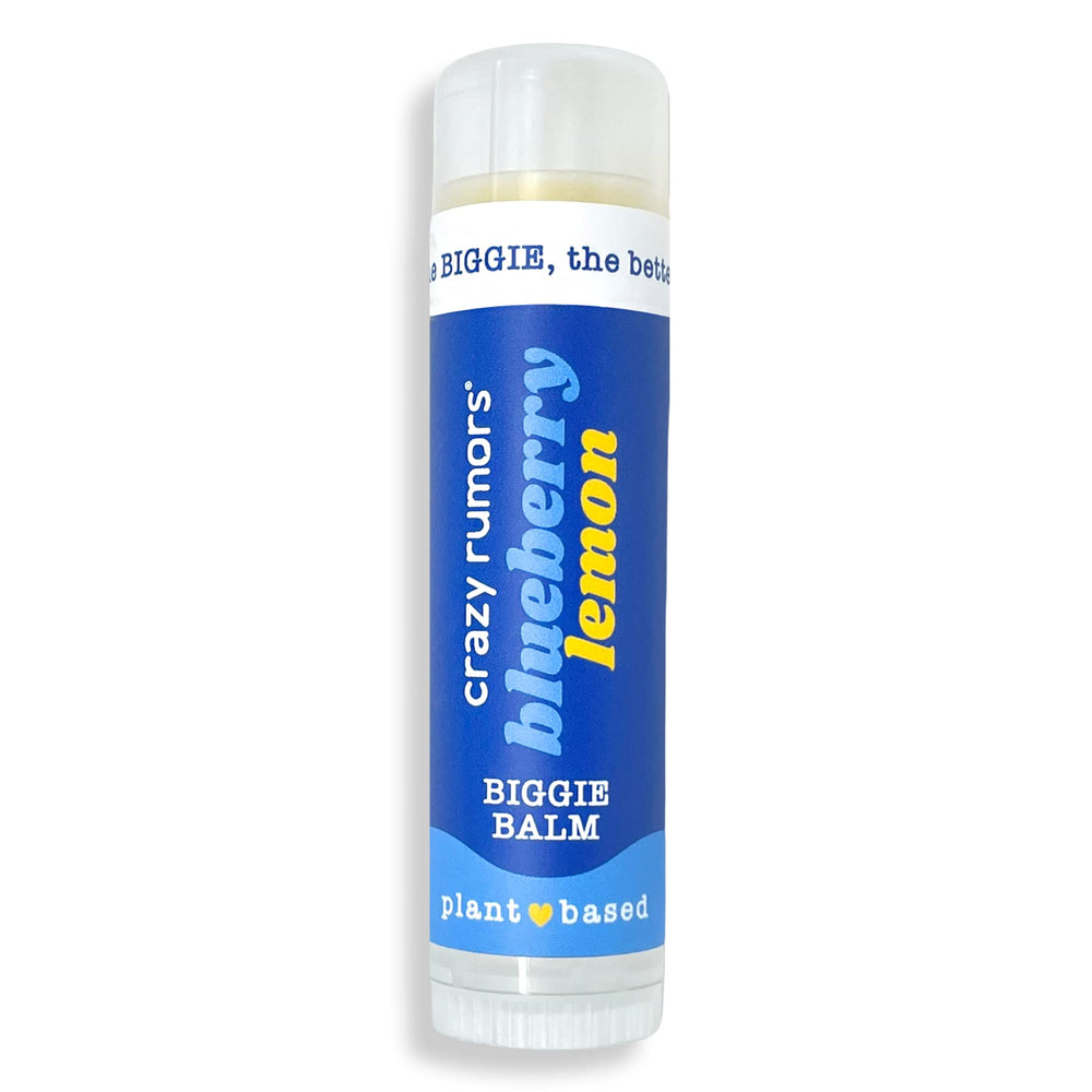 Crazy Rumors Biggie Blueberry Lemon lip balm tube delivering long-lasting moisture.