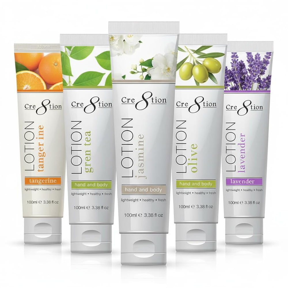 Cre8tion premium hand and body lotion bottles in five scents for versatile hydration
