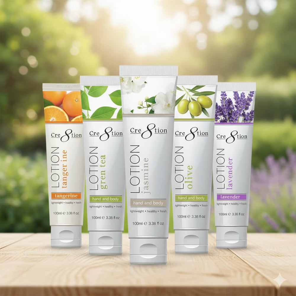 Cre8tion travel sized set closeup showing five scents and quick absorption