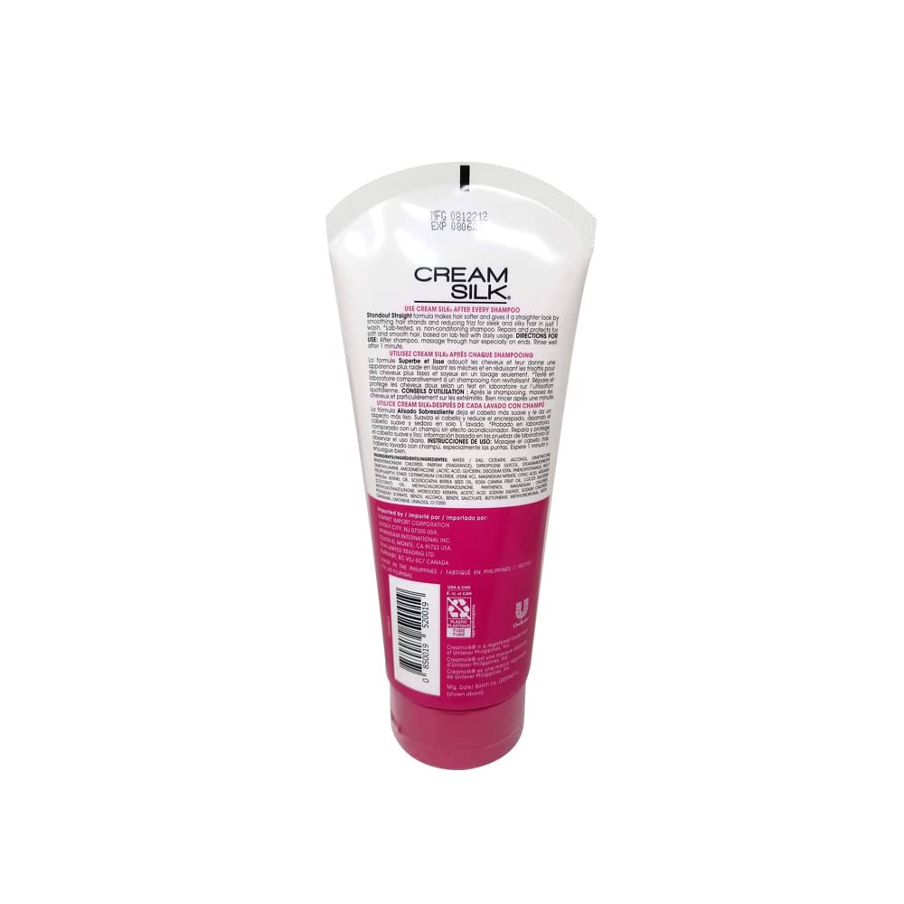 Cream Silk Standout Straight bottle back label highlights nourishing formula for sleek strands.