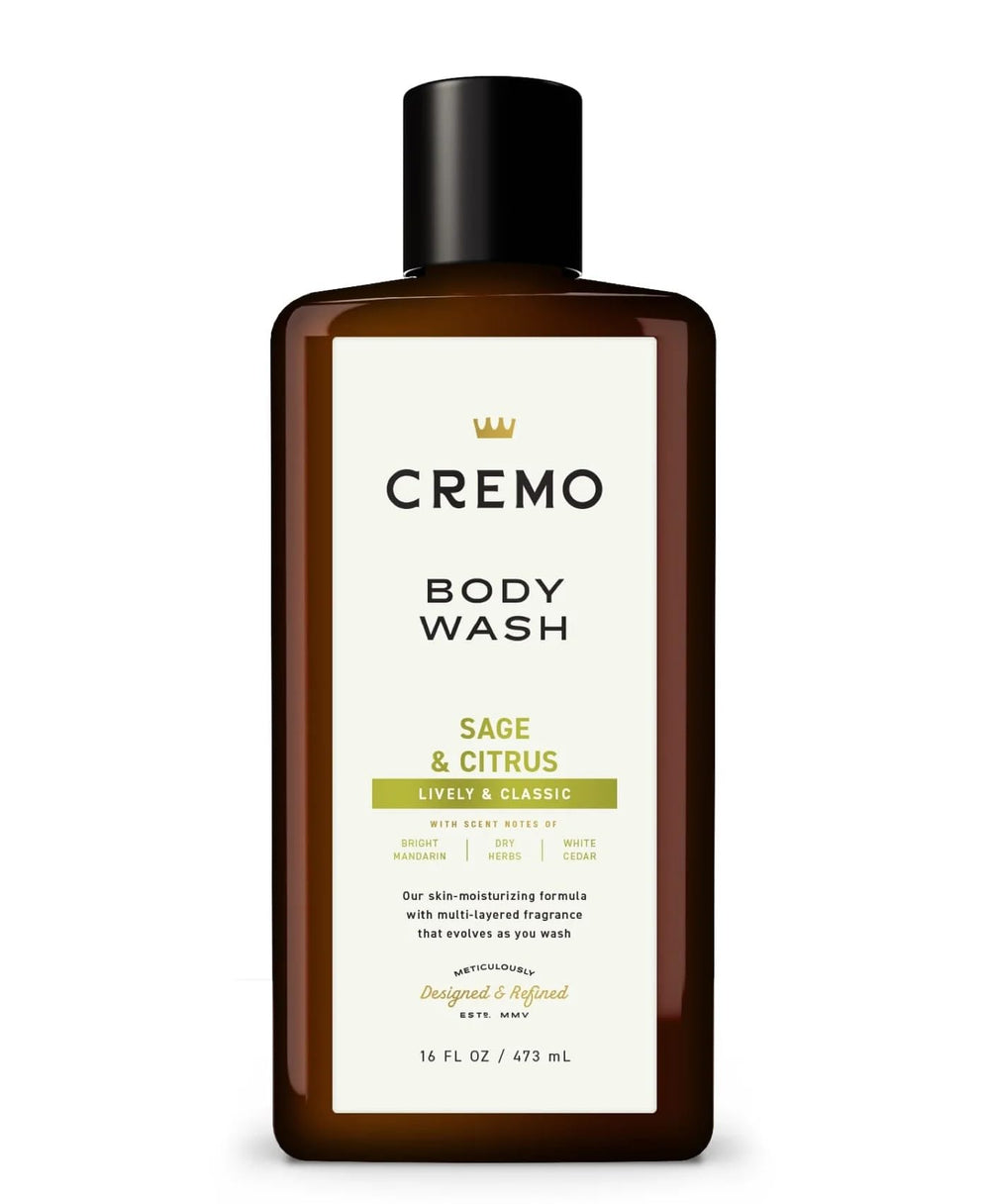 Cremo All Season Body Wash Sage & Citrus bottle on shelf for a modern grooming routine