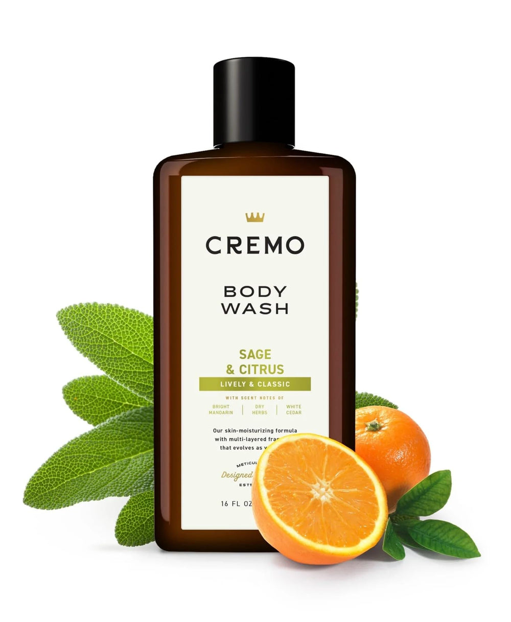 Cremo All Season Body Wash Sage & Citrus label close-up highlighting marula oil