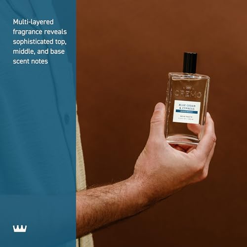 Close detail of the label on Cremo Blue Cedar & Cypress bottle