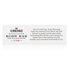 Cremo Bourbon and Oak exfoliating bar with rich lather and shea butter
