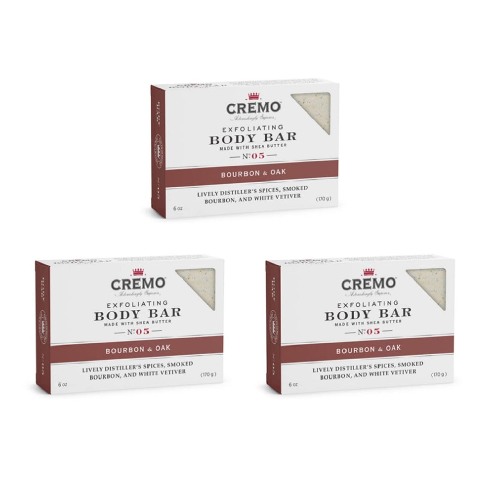 Cremo Bourbon and Oak exfoliating bar close-up texture for smoother skin
