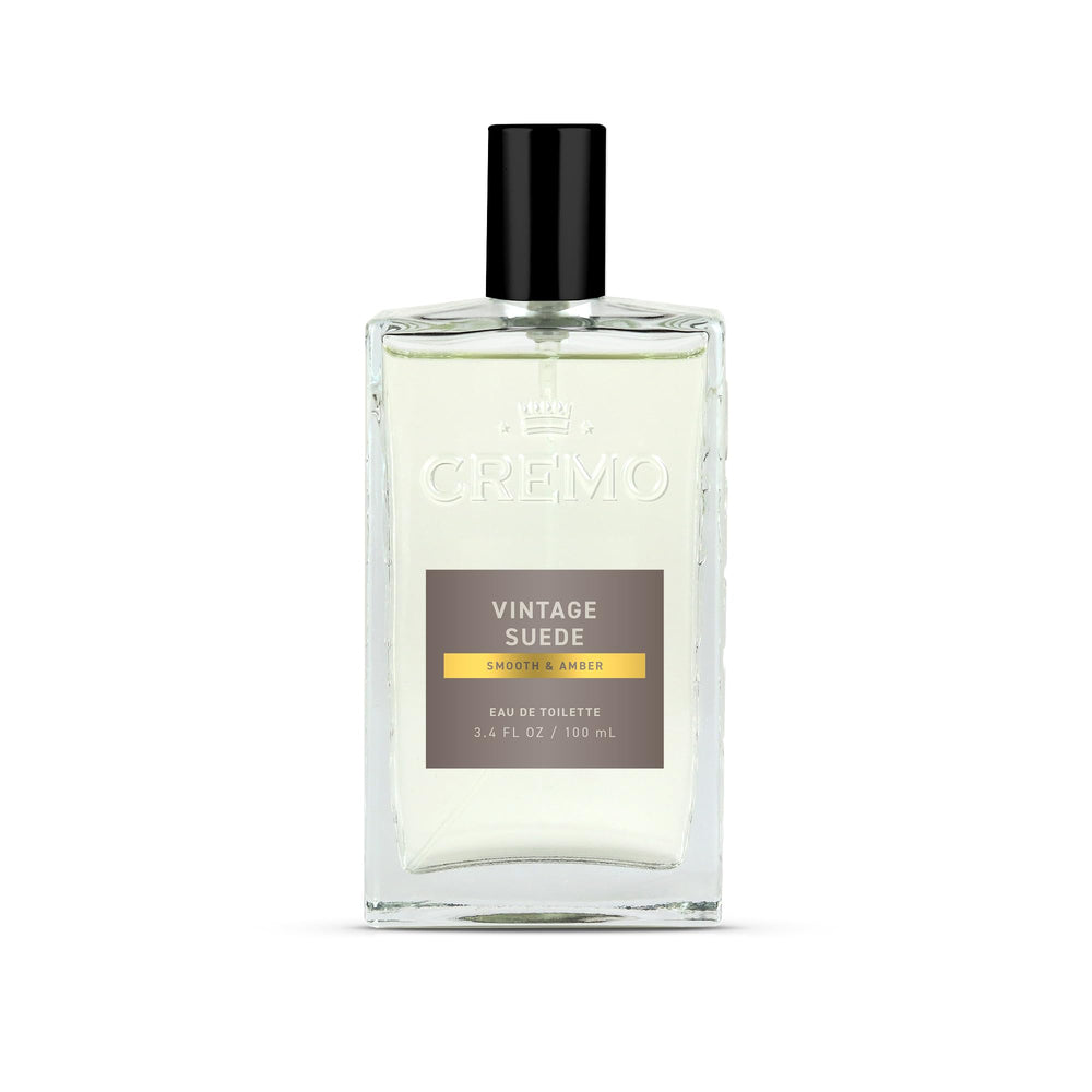Cremo Vintage Suede bottle front view, ideal for daily wear.