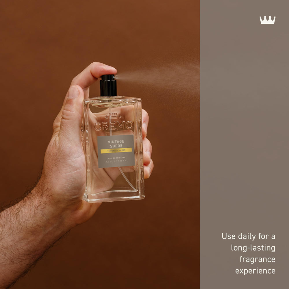 Cremo Vintage Suede bottle on dresser, fits in any grooming setup.