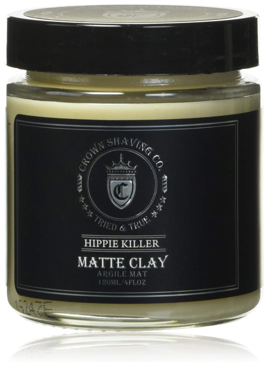 Crown Shaving Hippie Killer Matte Styling Clay front view showing natural texture and matte finish.
