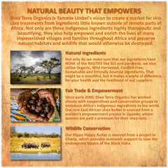 Cruelty-free and fair-trade practices mark Shea Terra Organics.