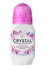 Crystal Essence crystal body deodorant roll-on bottle closeup, unscented mineral formula for all-day odor protection.