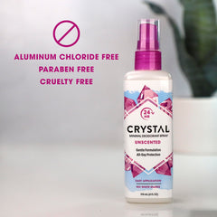 Crystal Essence Mineral Deodorant Spray on clothing for lasting freshness.