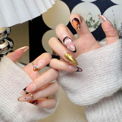 CTTHNBD brown gold flower design nails pack for stylish events and daily wear.