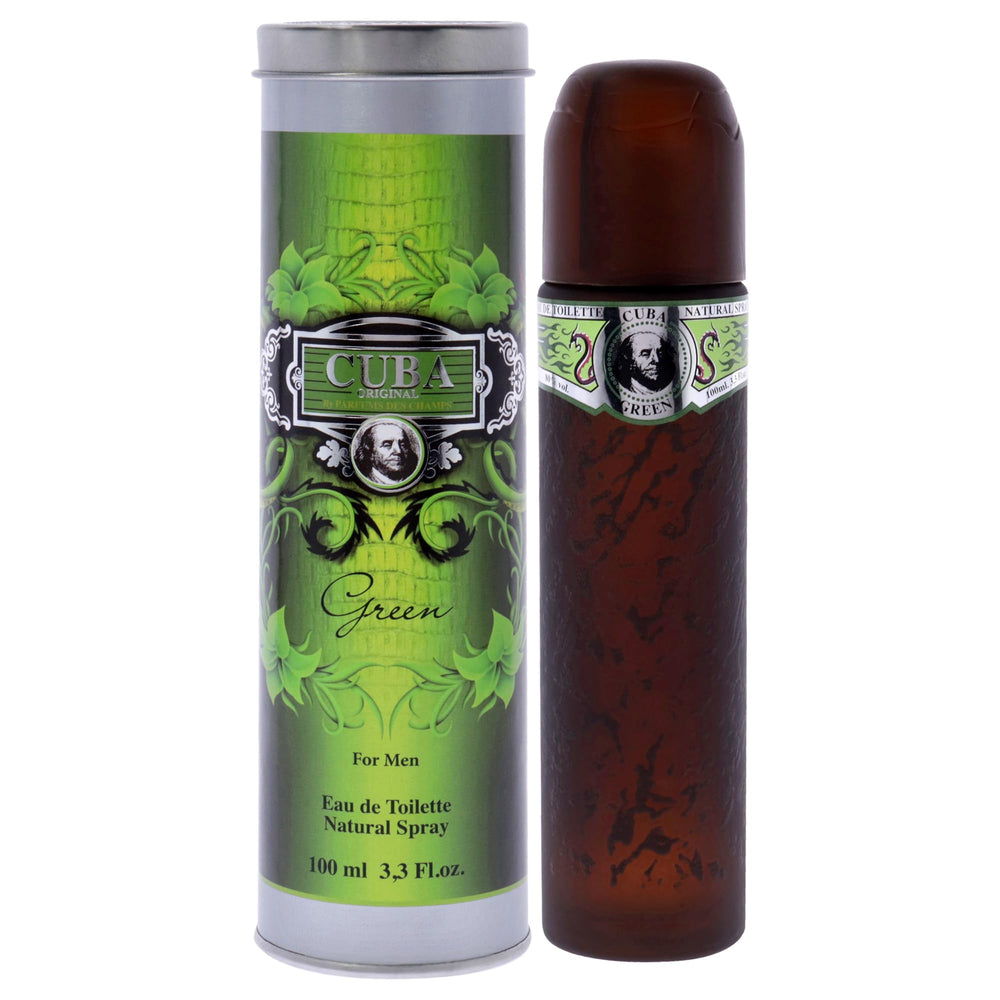 Cuba Green for Men bottle front shows a bold design suited for evening wear
