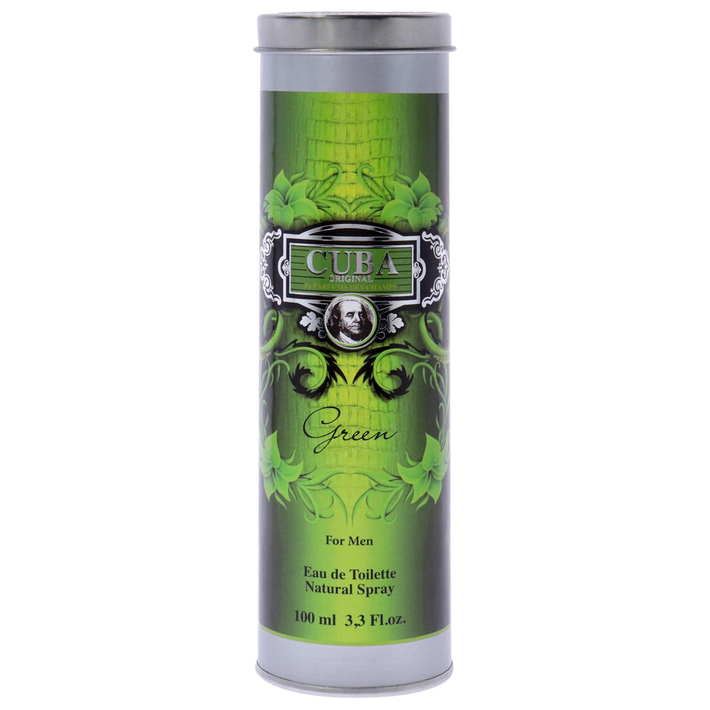 Cuba Green for Men packaging showcases the compact 3.3 oz EDT bottle