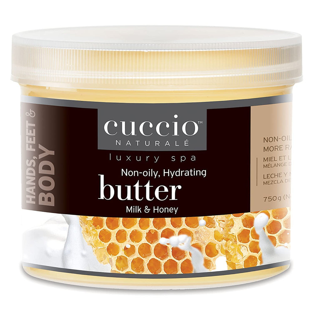 Cuccio Naturale Milk and Honey Butter Blend jar close-up, rich hydration for hands and body.