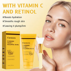 Cuemora Turmeric Overnight Mask packaging front displays key benefits.