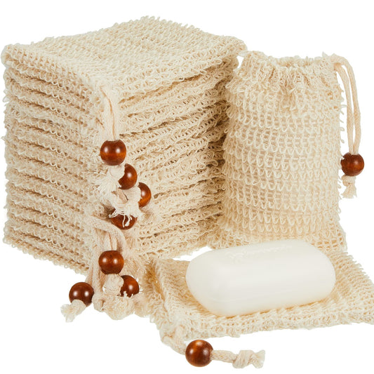 Cunhill soap saver bag with wooden bead for easy grip and exfoliation.