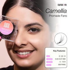 Curacoro Camellia Promade fans lightweight design speeds lash application.
