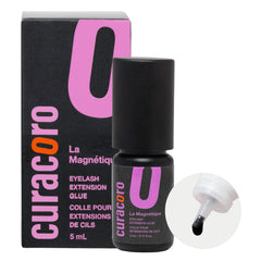 Curacoro eyelash glue clear bottle close-up for precise salon extensions.