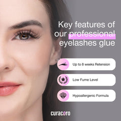 Curacoro eyelash glue rapid-dry close-up demonstrates ultra-fast set for busy salons.