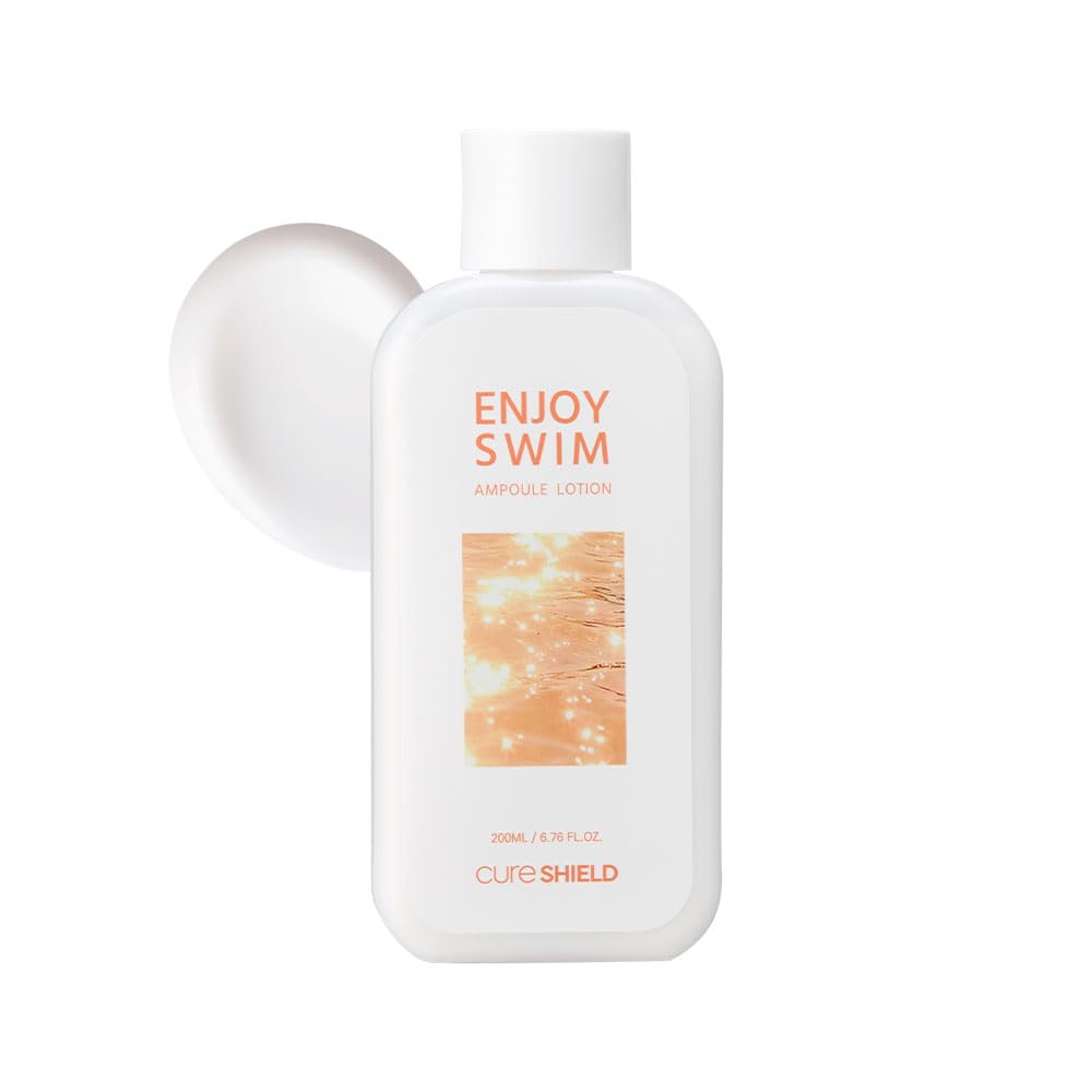 CURESHIELD Enjoy Swim bottle pour highlights fragrance-free, fast-absorbing hydration.