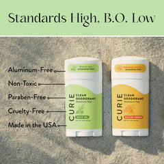 Close-up of Curie deodorant texture highlights non-greasy, comfortable wear.