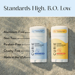 Curie packaging display highlighting aluminum-free vegan formula.
