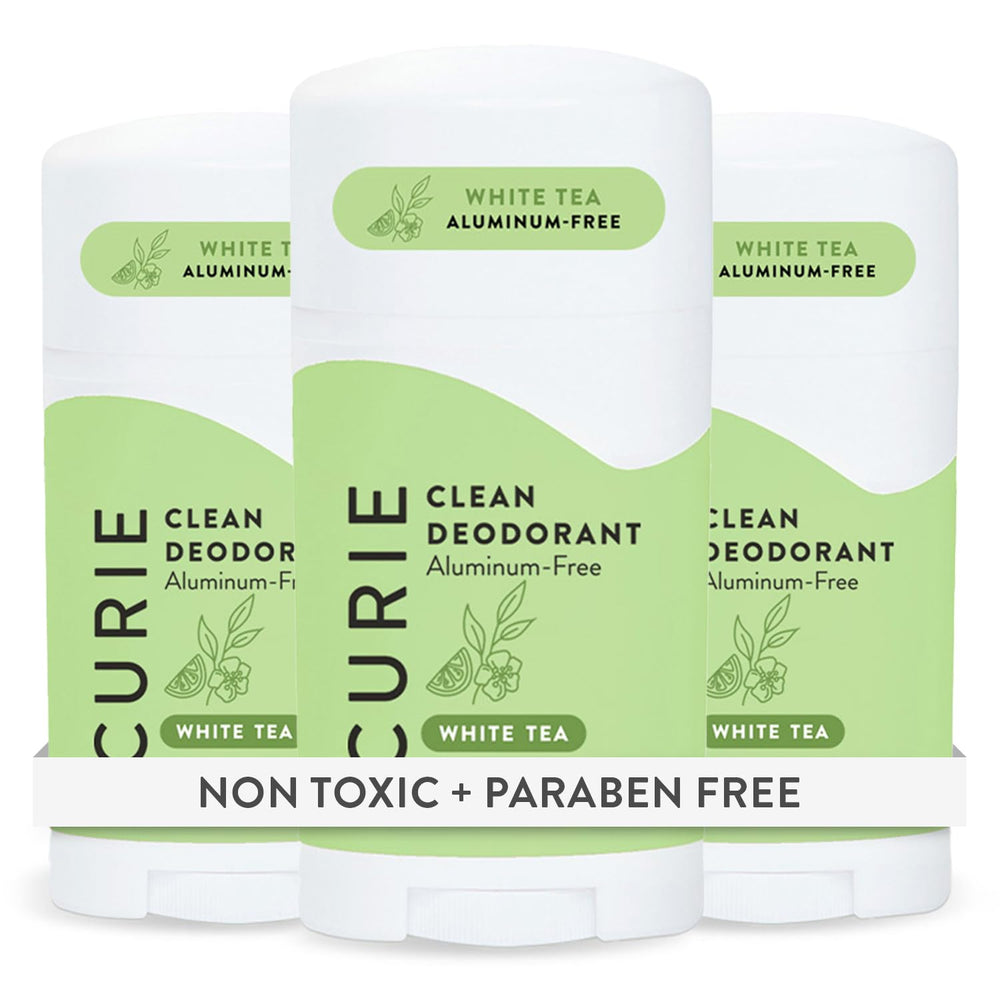 Curie White Tea deodorant stick showing aluminum-free formula for daily freshness.