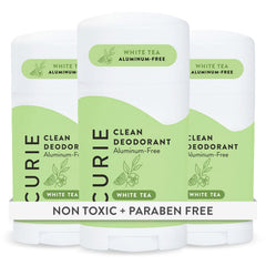 Curie White Tea deodorant stick showing aluminum-free formula for daily freshness.