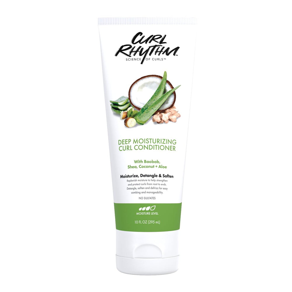 Curl Rhythm Deep Moisturizing Curl Conditioner jar highlights rich shea butter blend for hydrated curls.