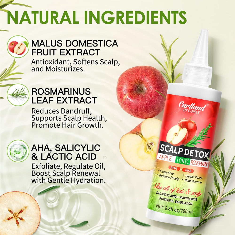 Curlland scalp tonic bottle label close-up highlighting rosemary-apple ingredients