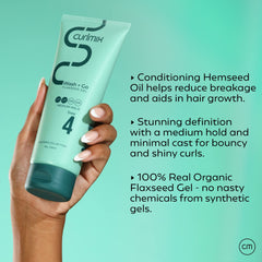CurlMix Flaxseed Gel application on hair shows smooth, frizz-free shine.