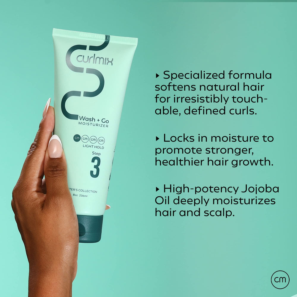 Hands applying CurlMix Light Hold moisturizer to boost gel results with a silky finish.