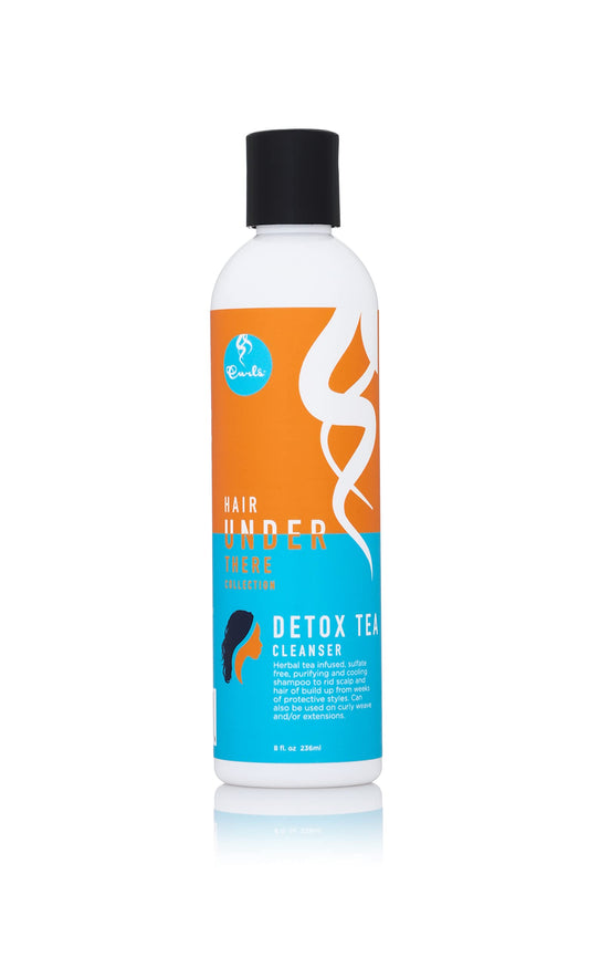 CURLS Detox Tea Shampoo bottle close-up showing sulfate-free clarifier for scalp refresh.