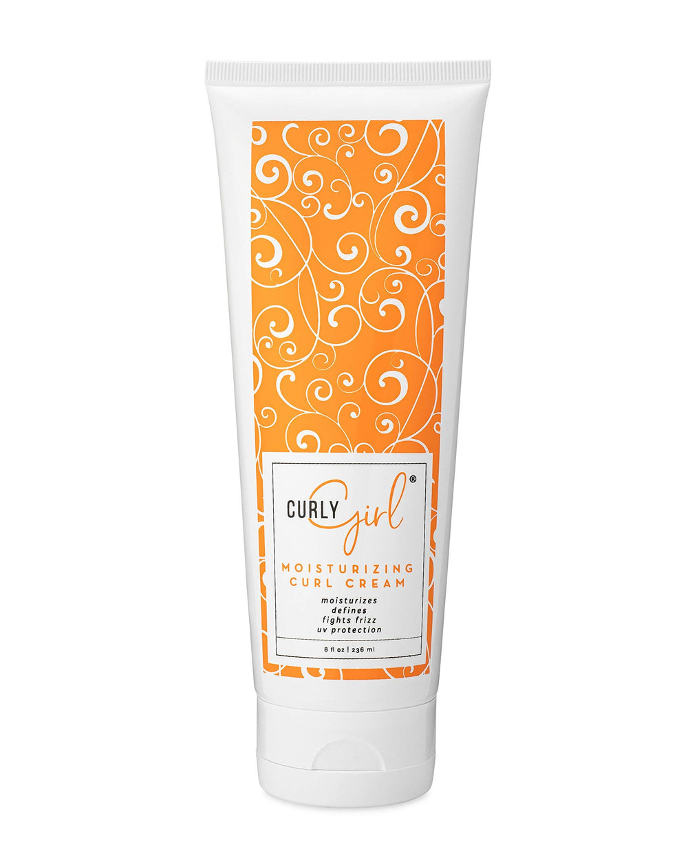 Curly Girl moisturizing curl styling cream bottle showing defined curls and hydration.