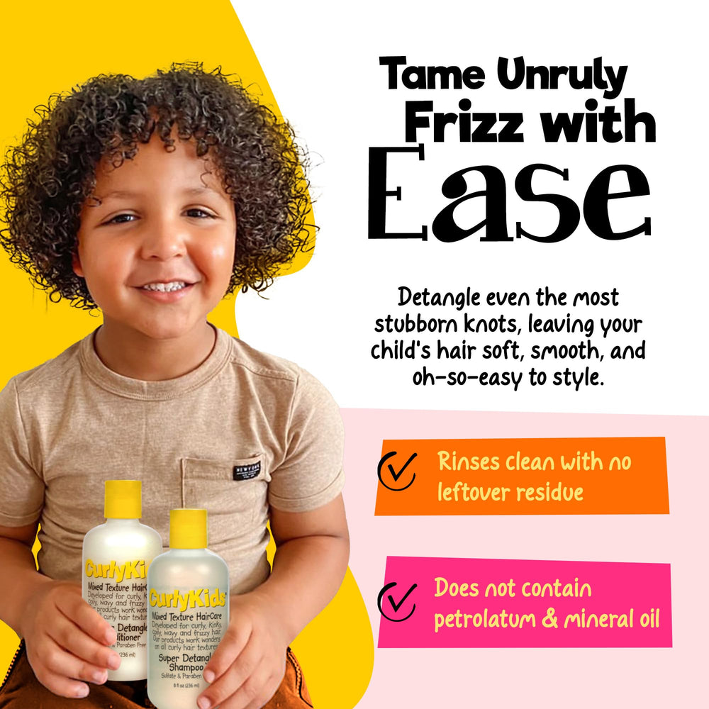 Child brushing curly hair with CurlyKids to ease detangling.