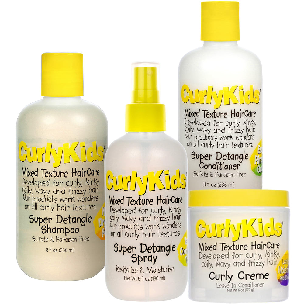 CurlyKids Shampoo bottle gently cleanses curly hair for easier detangling.