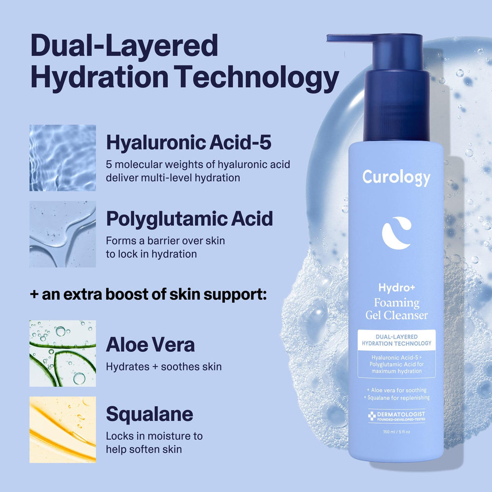 Curology Hydro+ Aloe and Squalane visuals illustrate soothing hydration.