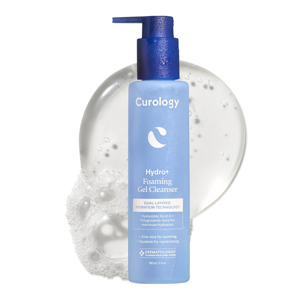 Curology Hydro+ foaming gel cleanser bottle showing hydrating formula for gentle cleansing.