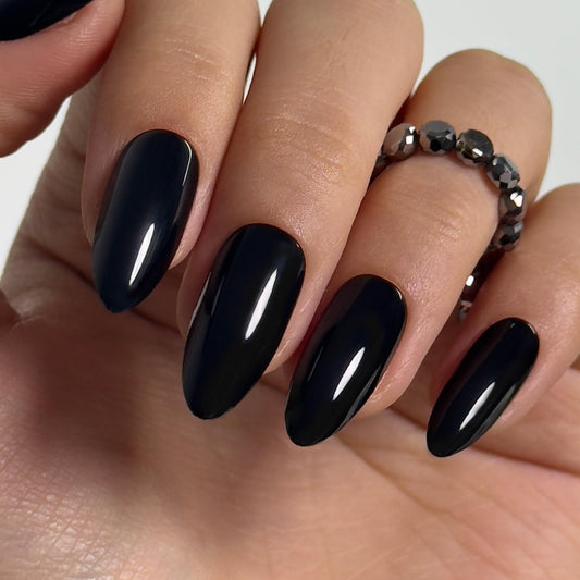 CurvLife Black Press On Nails Long Almond with soft gel finish for salon shine.